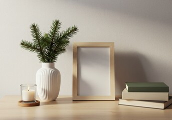 Serene Winter Still Life: Blank Frame Mockup with Pine, Candlelight, and Books