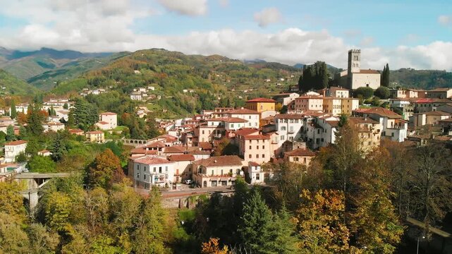 Aerial view of Barga, Garfagnana, showcasing the picturesque Italian village on a sunny day