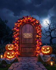 Obraz premium Spooky Halloween Door Decor With Glowing Pumpkins, Autumn Garland, And Full Moon In Background. Concept Of Trick-Or-Treat Tradition, Halloween Seasonal Home Styling, And Festive Nighttime Ambiance