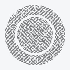 Round seamless Turing diffusion pattern background in black and white with chaotic linear motion. Features abstract biological shapes and organic textures. Perfect for trendy wallpapers and backdrops