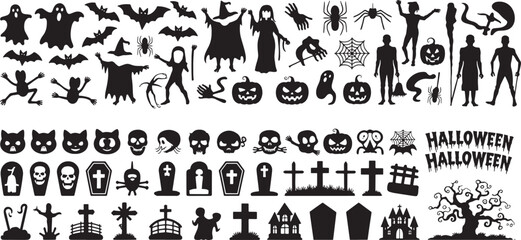 Obraz premium Set of halloween silhouettes black icon and character. Vector illustration. Isolated on white background