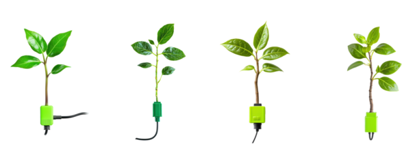 Collection of green plug connected to a sprouting plant, representing clean electricity. full length isolate on transparent background