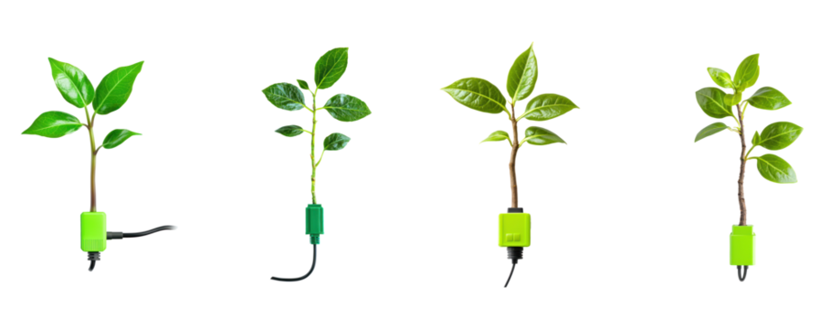 Collection of green plug connected to a sprouting plant, representing clean electricity. full length isolate on transparent background