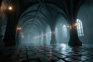 Obraz premium A dimly lit, long stone corridor in a gothic-style building, featuring high arched ceilings, pillars, sconces, and stained-glass windows, all shrouded in mist.