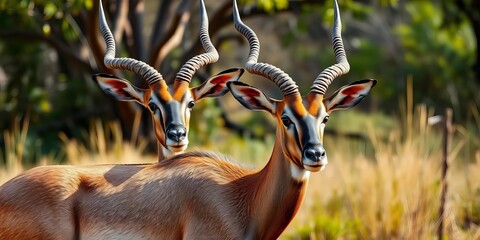 Wild waterbuck antelope in its natural habitat, displaying impressive horns and coat, powerful, brown