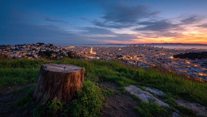 Sunrise cityscape view from a hilltop with a tree stump. A tranquil scene of a city skyline at dawn, with a solitary tree stump in the foreground.