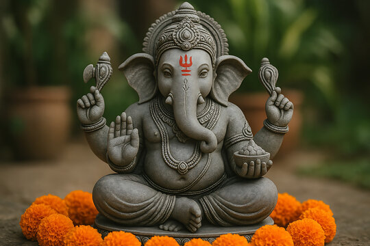 Stone-carved ganesh murti with red tilak on forehead surrounded by bright orange marigold flowers for religious festival sankashti chaturthi and ganesh chaturthi