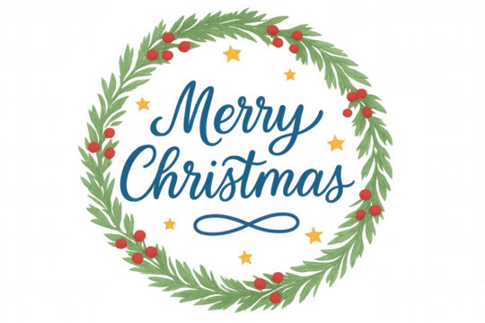 Merry christmas wreath greeting with calligraphy, berries, and stars on transparent background - Powered by Adobe