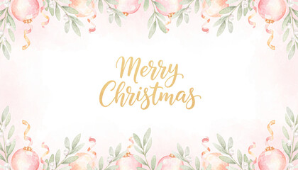 A festive watercolor design featuring a "Merry Christmas" message surrounded by floral elements and ribbons in soft pastel colors.