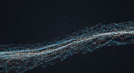 A futuristic conceptual background depicting a flowing digital wave of glowing particles. An abstract network of interconnected dots and lines