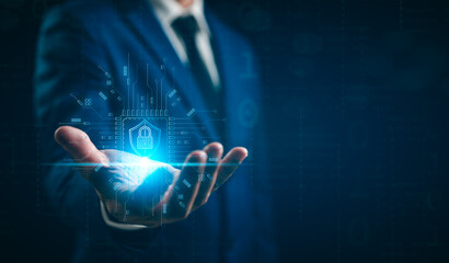 A businessman showing, secure access to user personal information, cybersecurity, secure Internet access, information security and encryption. Cyber security internet network data privacy concepts.