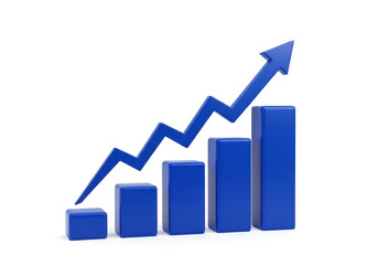 Blue bar graph with upward trending arrow isolated on white background
