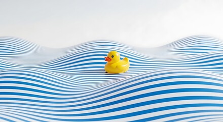 A small yellow rubber duck floating on a wavy blue and white striped surface