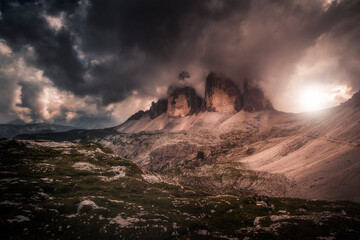 Fototapeta premium Famous Tre Cime di Lavaredo at summer time. Landscape of Alps Mountains. Dolomites, Alps, Italy, Europe (Drei Zinnen)