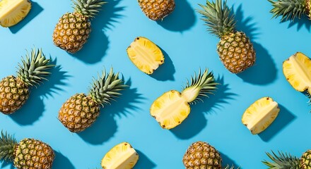 A vibrant pattern of whole and sliced pineapples on a bright blue background