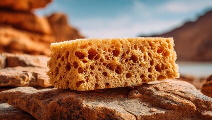 A light-tan sponge rests atop a cluster of reddish-brown rocks, set against a backdrop of a distant lake and a partly cloudy sky.  The sponge's porous texture is visible