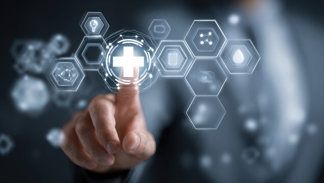 A finger points to a central cross within a network of glowing hexagonal icons, representing healthcare technology and digital innovation - Powered by Adobe