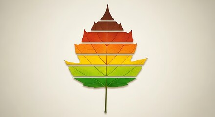 Stylized leaf shape composed of stacked colorful segments, isolated on white background
