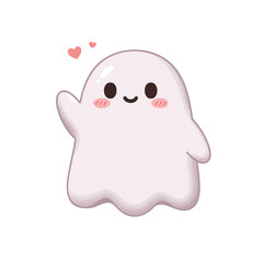 cartoon ghost with round soft body, blush cheeks, waving hand, pastel details,