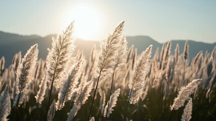 Golden hour sun illuminates fluffy, feathery grass plumes in a field, with mountains in the background, creating a tranquil and serene nature scene on a clear day. - Powered by Adobe