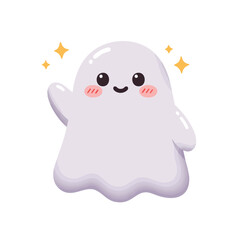 cartoon ghost with round soft body, blush cheeks, waving hand, pastel details,