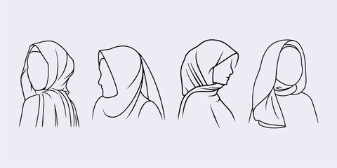 different styles of muslim women hijab line art design illutsration