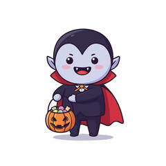 vampire holding a pumpkin candy bucket, happy smile with tiny teeth, 