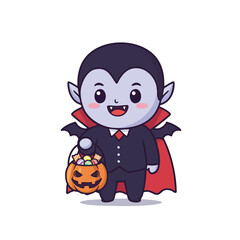 vampire holding a pumpkin candy bucket, happy smile with tiny teeth, 