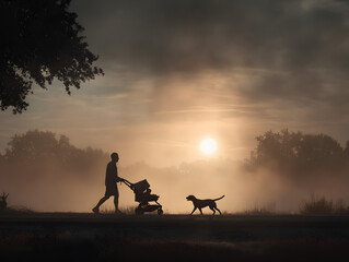Man walking with stroller and dog during misty sunrise, peaceful early morning atmosphere, silhouettes against glowing sky, tranquil outdoor scene, nature and companionship