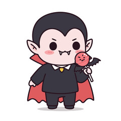 vampire with rosy cheeks, holding a lollipop shaped like a bat, small sharp teeth, 