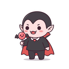 vampire with rosy cheeks, holding a lollipop shaped like a bat, small sharp teeth, 