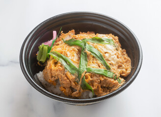 Katsudon Pork Cutlet and Egg Rice in Bowl side view of japanese food