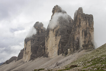 Famous Tre Cime di Lavaredo at summer time. Landscape of Alps Mountains. Dolomites, Alps, Italy, Europe (Drei Zinnen)