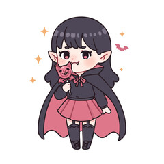 chibi-style girl vampire, wearing a small skirt and cape too big for her, holding a bat-shaped lollipop