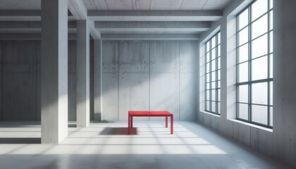 Bright, minimalistic workspace with a red table and large windows in an industrial setting