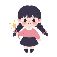 A cute little vampire girl character with a flower smiles in this pink cartoon illustration