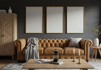 Sophisticated Living Room with Tufted Leather Sofa, Dark Grey Wall, and Three Blank Mockup Frames for Art