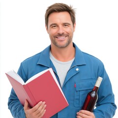 Wine sales concept featuring representative with bottle and catalog for beverage marketing and promotion