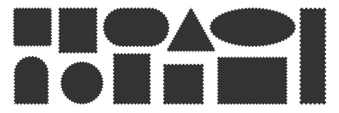 Black retro stamp silhouette collection. Postage label set isolated. Simple postal frame. triangle rectangle oval square circle sticker post template