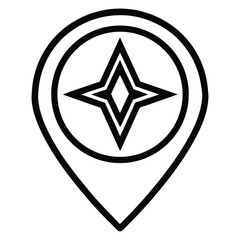 Black and white location pin icon with compass rose inside map marker navigation