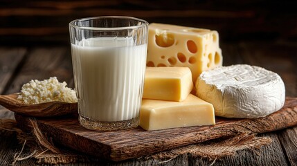 Glass of fresh milk with assorted cheeses including brie, swiss, and cheddar on a rustic wooden board, symbolizing dairy richness and tradition
