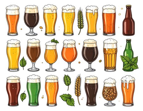 Various Types of Beer Glasses and Bottles.