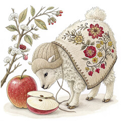 Fluffy Knitted Wool Apple with Embroidered Floral Patterns Illustration