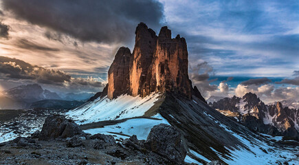 Naklejka premium Famous Tre Cime di Lavaredo at summer time. Landscape of Alps Mountains. Dolomites, Alps, Italy, Europe (Drei Zinnen)