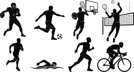 Sports silhouettes, football player, soccer action, basketball jump, volleyball spike, swimmer, runner, cyclist, athletic motion, black illustration, fitness