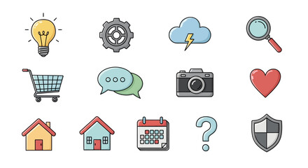 Colorful hand drawn web and app icons for user interface design.