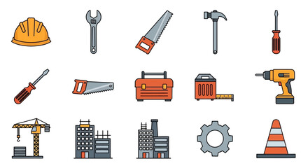 Construction Tools and Equipment Icons Set for Building and Repair.