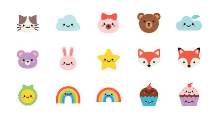 Fototapeta premium Cute Cartoon Kawaii Faces and Objects Collection.