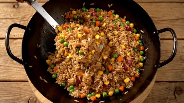 A person is cooking rice in a wok. The rice is mixed with vegetables, including carrots and peas. The wok is on a wooden table