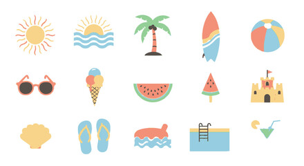 Naklejka premium Summer Vacation Icons Set - Sun, Beach, Palm Tree, Surfboard, and More.